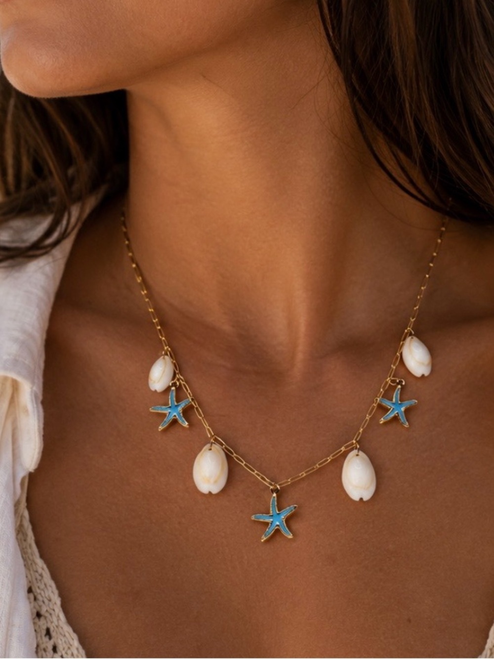 18K Gold Plated Blue Enamel Starfish Shell Necklace Stainless Steel NEW